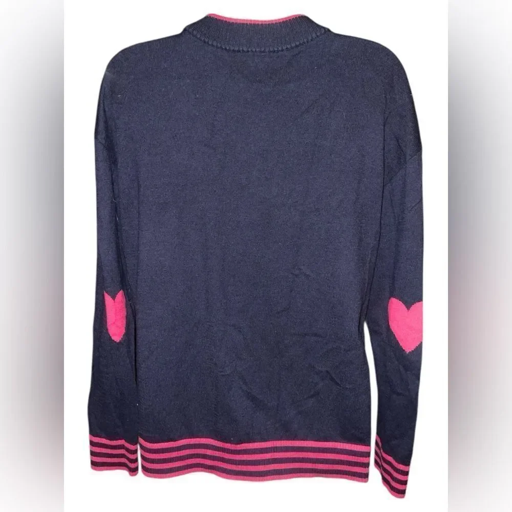 Talbots Navy Blue Pink Striped Sweater with Pink Heart M